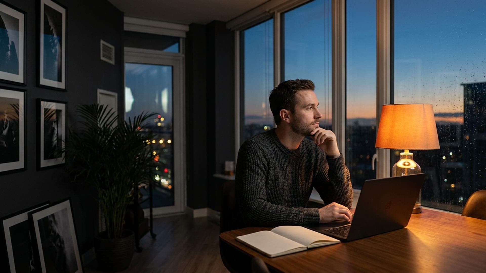 A professional at a table beside tall corner windows at dusk, city lights beyond the glass, a warm lamp and an open notebook beside them.